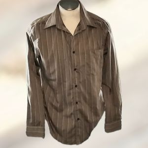 NYNE Long Sleeve Button Up Shirt Tan & Smoky Gray 100% Cotton No Iron